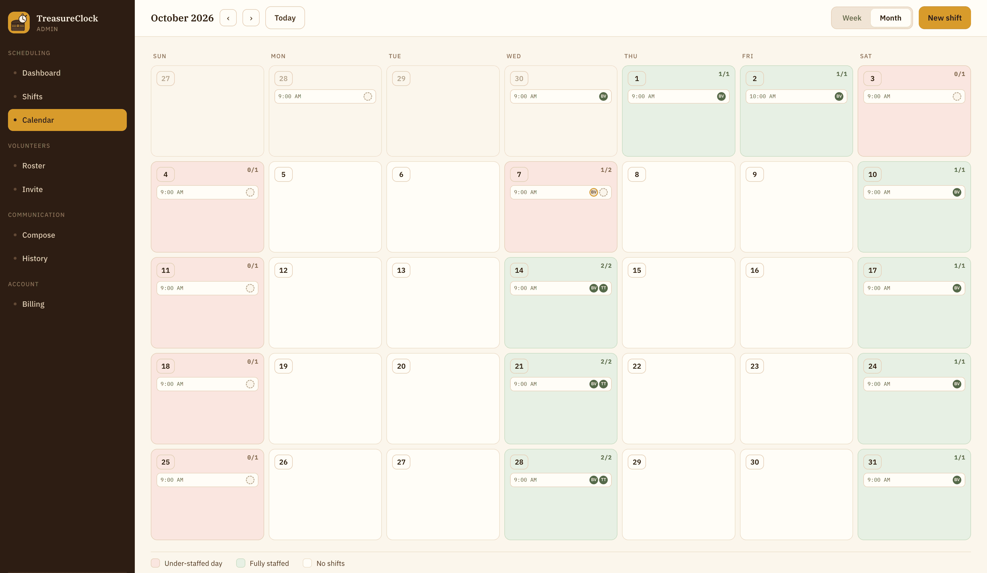 TreasureClock month calendar showing staffed and under-staffed days