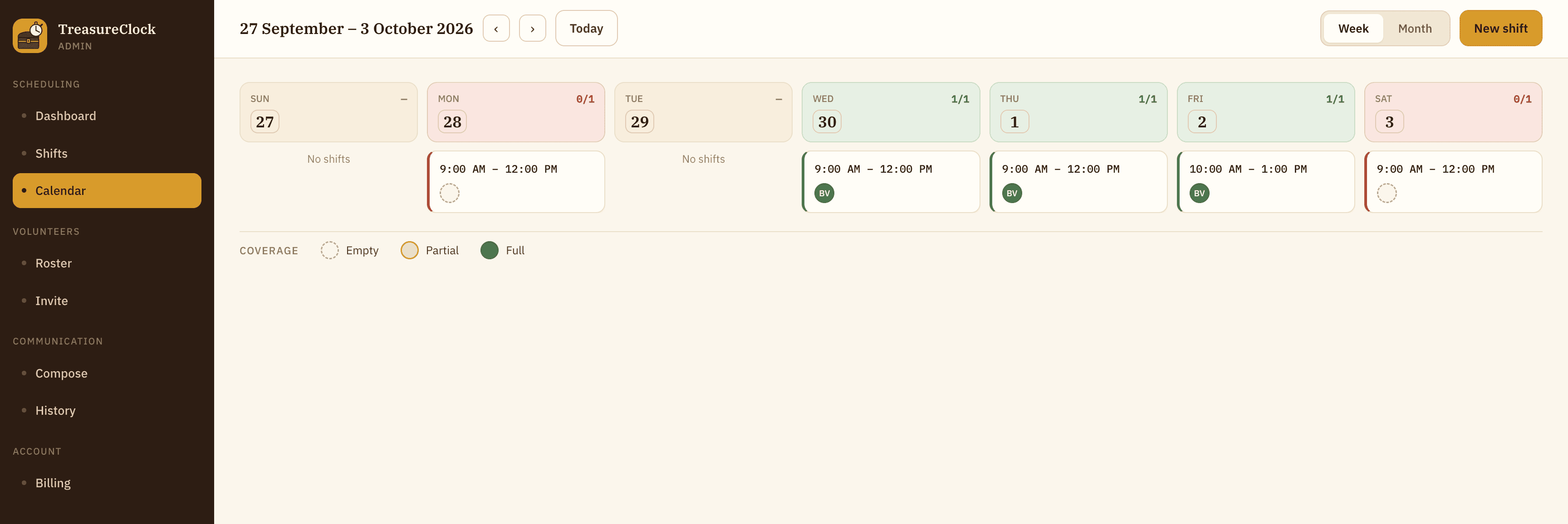 TreasureClock admin calendar showing a week of shifts