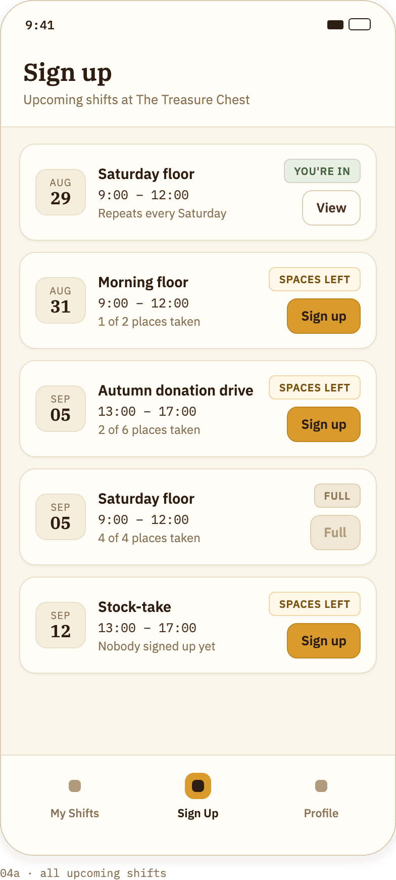Sign up screen listing open shifts